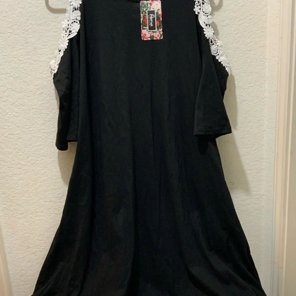 Aofur black mini dress cold shoulder chiffon with embroidered lace 38” long